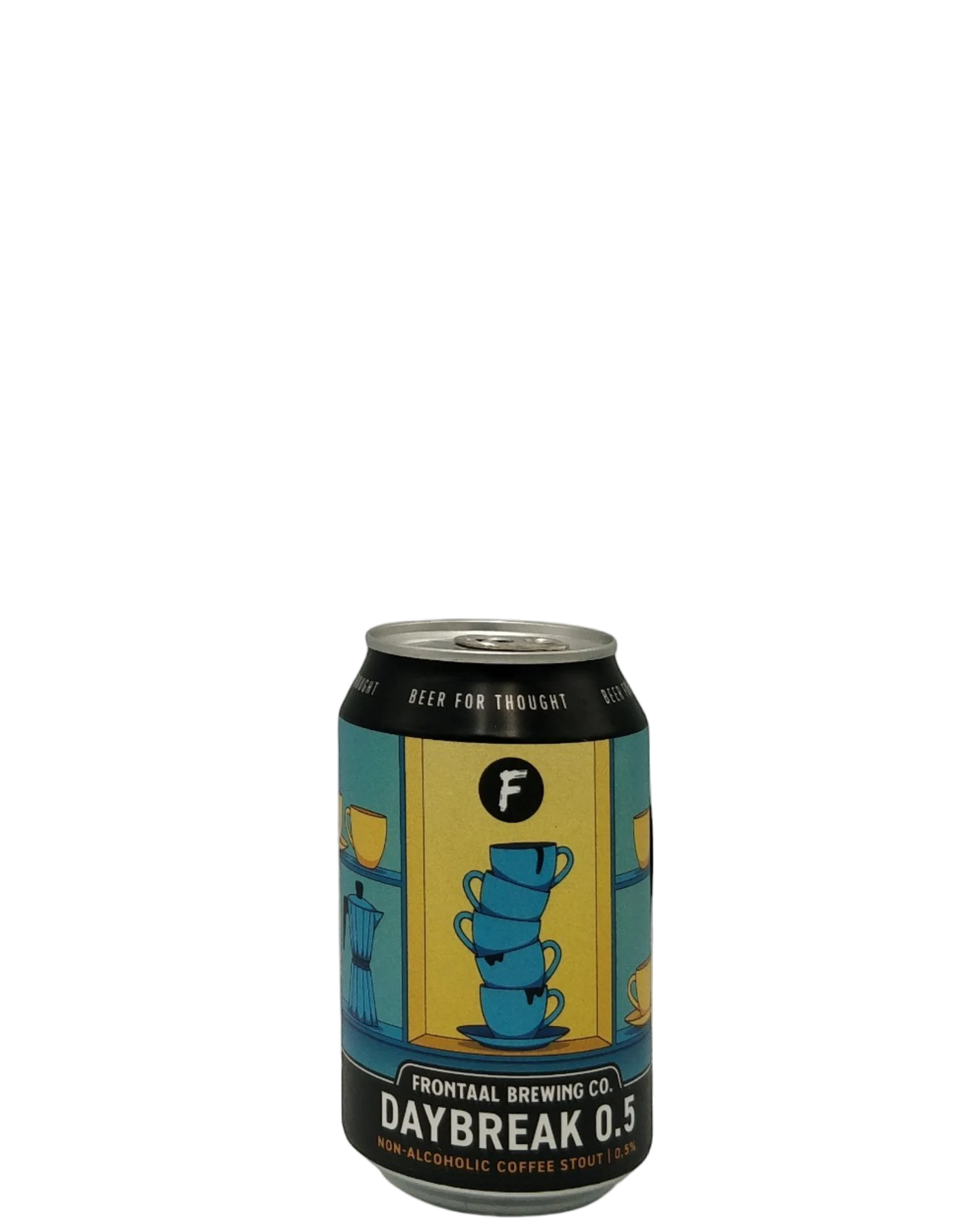 Brygshoppen.dk Daybreak 0.5 non-alcoholic coffee stout can with stacked blue cups and coffee maker illustration.