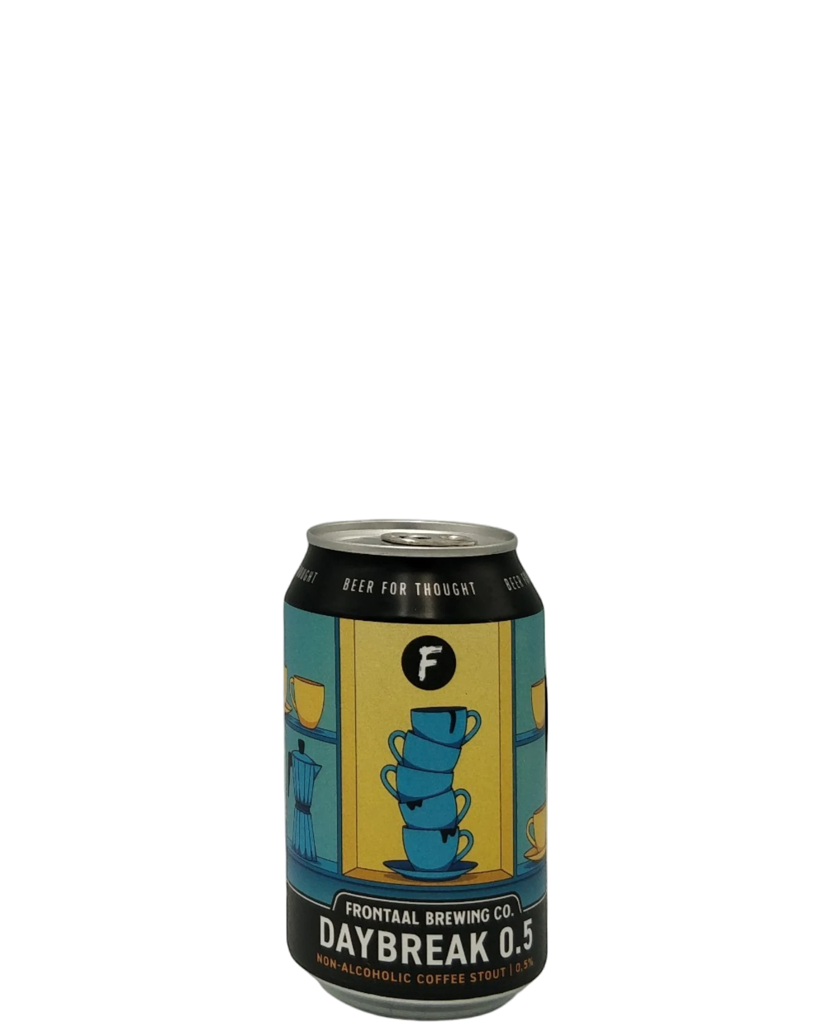 Brygshoppen.dk Daybreak 0.5 non-alcoholic coffee stout can with stacked blue cups and coffee maker illustration.