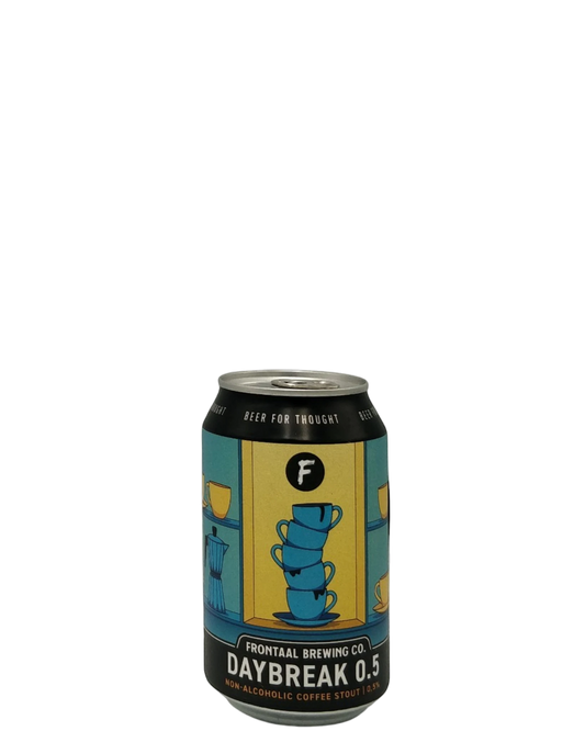 Brygshoppen.dk Daybreak 0.5 non-alcoholic coffee stout can with stacked blue cups and coffee maker illustration.